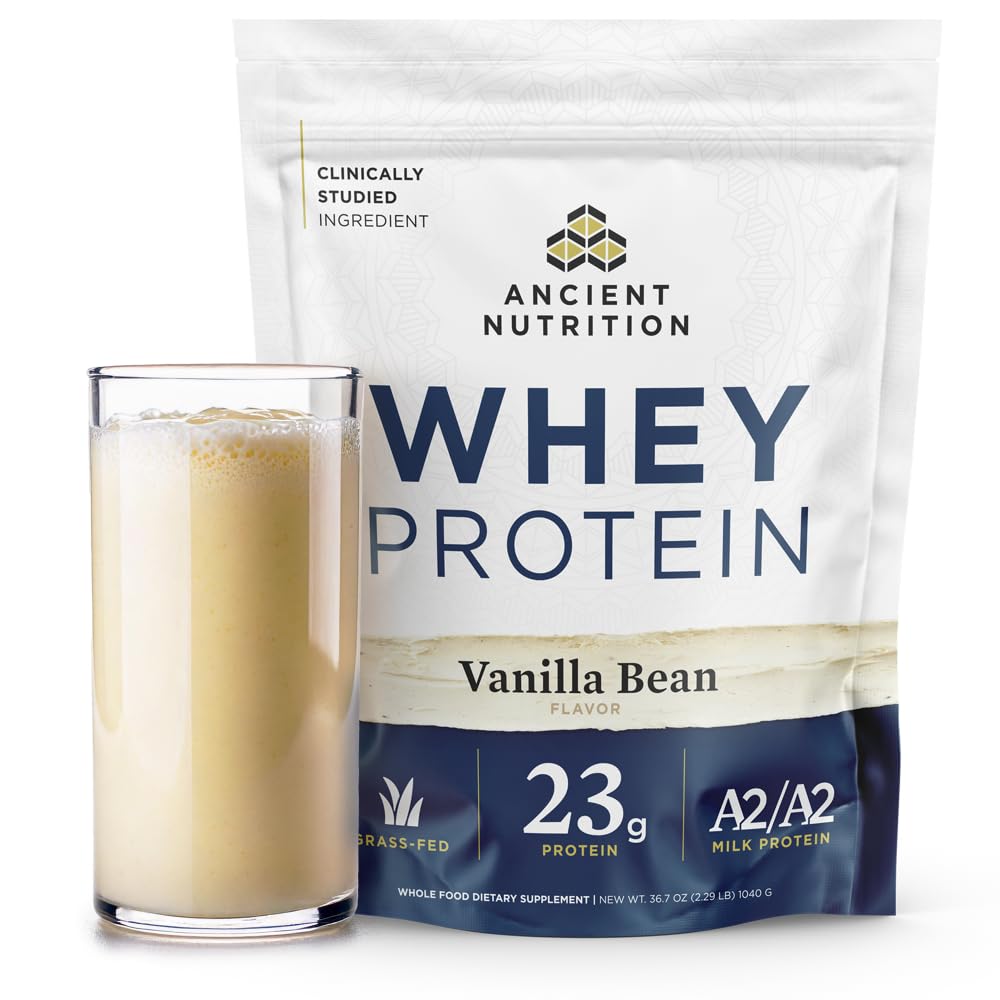 Antica Nutrition Grass Fed Whey Protein, 23g Protein, Peptidi di collagene idrolizzati, Proteine di latte rigenerative A2/A2 organiche (35 Serve, Fagiolo di Vanilla)
