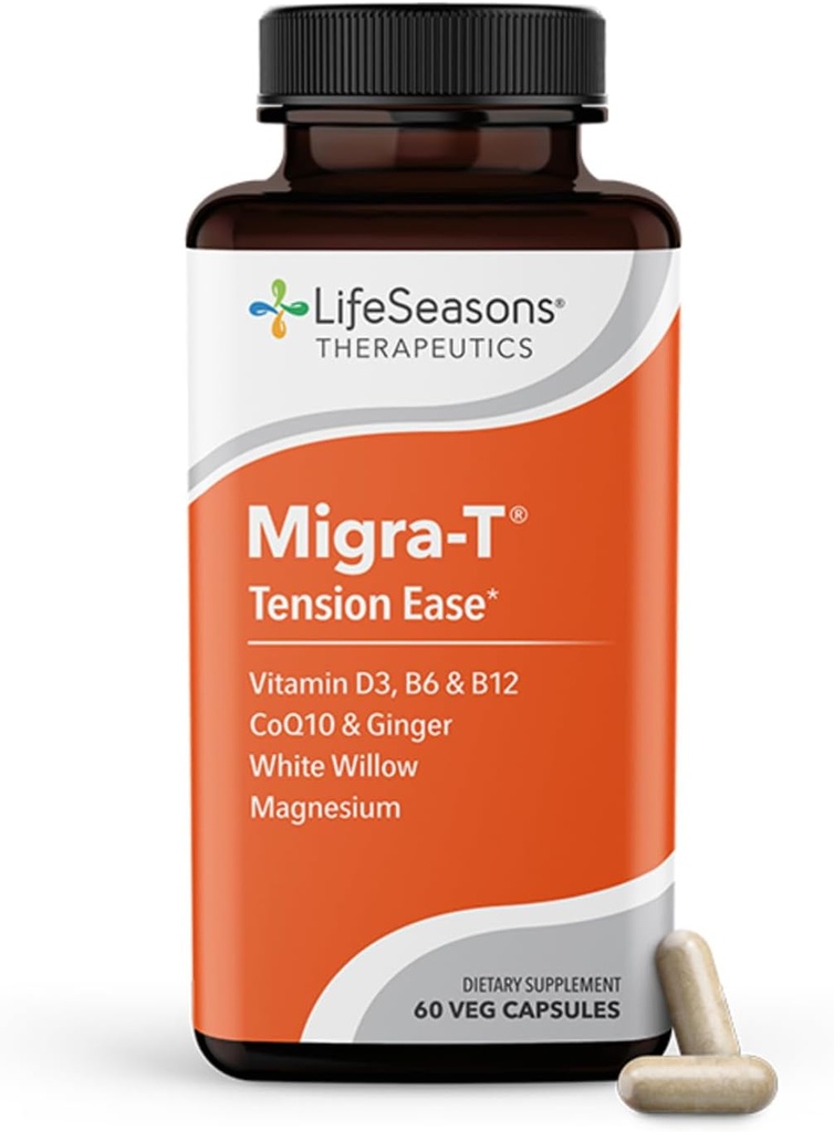 LifeSeasons Migra-T con Relieve-R - Integratore di Prevenzione e Rilievo di Migraine - Supporto per Fascere di Severe - Riduce il Suono leggero & Sensibilità di odori - Feverfew, White Willow, Magnesium Ginger & CoQ10