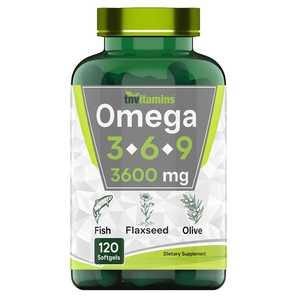 tnvitamins Triple Omega 3◆ 6◆ 9: 3600mg x 120 Softgels | omega acidi grassi essenziali da Fish Oil (EPA & DHA), Flaxseed (ALA & LA), & olio d'oliva (OA) | Supplemento per le donne e gli uomini | Non OGM