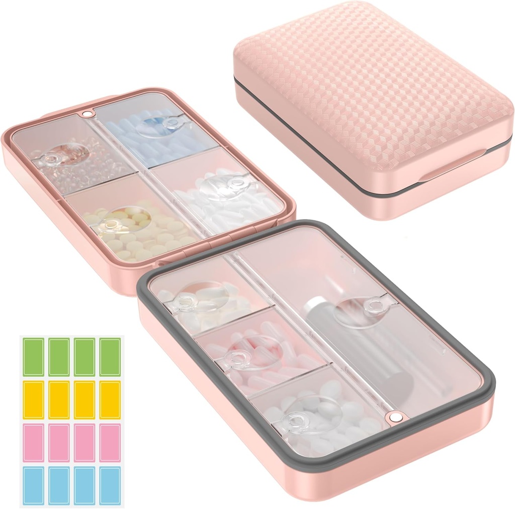 Restree Weekly Pill Organizer, Magnetic Moisture Proof Pill Case, Large Capacity Travel Pill Box con Inner Clear Lid per Vitamine, Integratori e Farmaci quotidiani 8 Compartment (Pink)