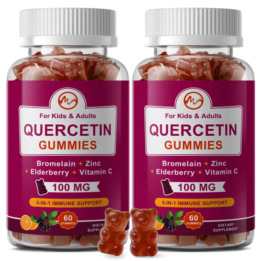 (2 Confezione) Gummie di Quercetina con Bromelain, Elderberry, Zinco e Vitamina C - Chewable Quercetin 700mg Supplemento per Immunità, Allergia, Supporto di Invecchiamento - Gummie Vegane per Adulti & Kid