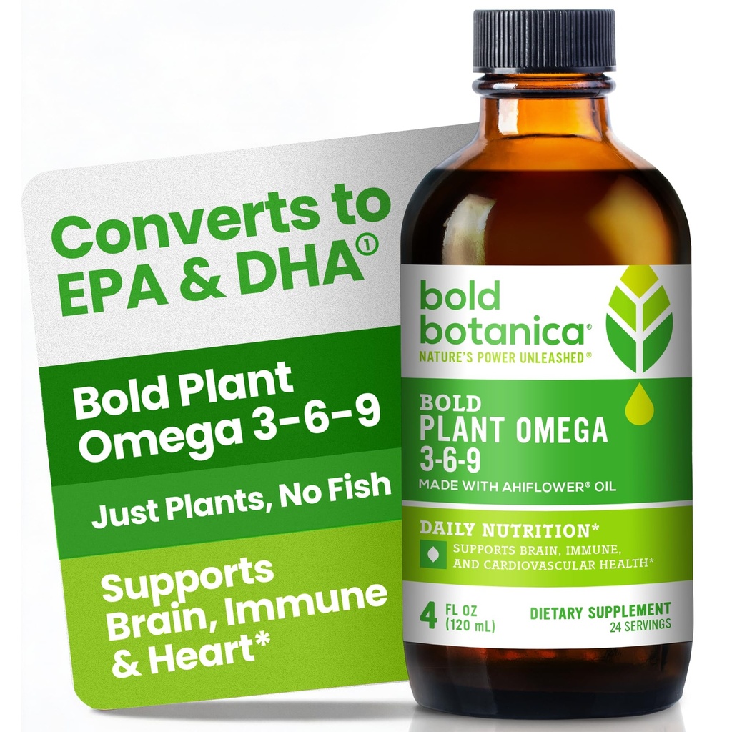 Bold Botanica Plant Omega 3-6-9, con olio di Ahiflower, Vegan Omega 3, completa pianta-based Omega per il cervello e la salute immunitaria, meglio di Flax, pesce libero, ottimo gusto, senza zucchero, non OGM, liquido- 4 oz