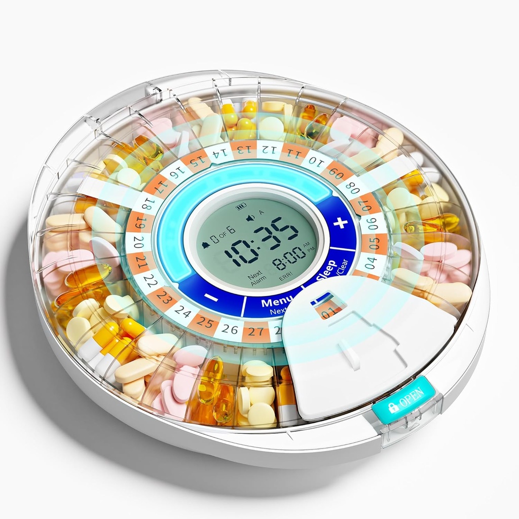 Dispenser automatico di pillole aggiornato per anziani con allarme: Dispenser di pillole intelligenti con LCD 28-Slot, Mix-Proof Tech & XL, Maggiore durata per la gestione della medicina quotidiana