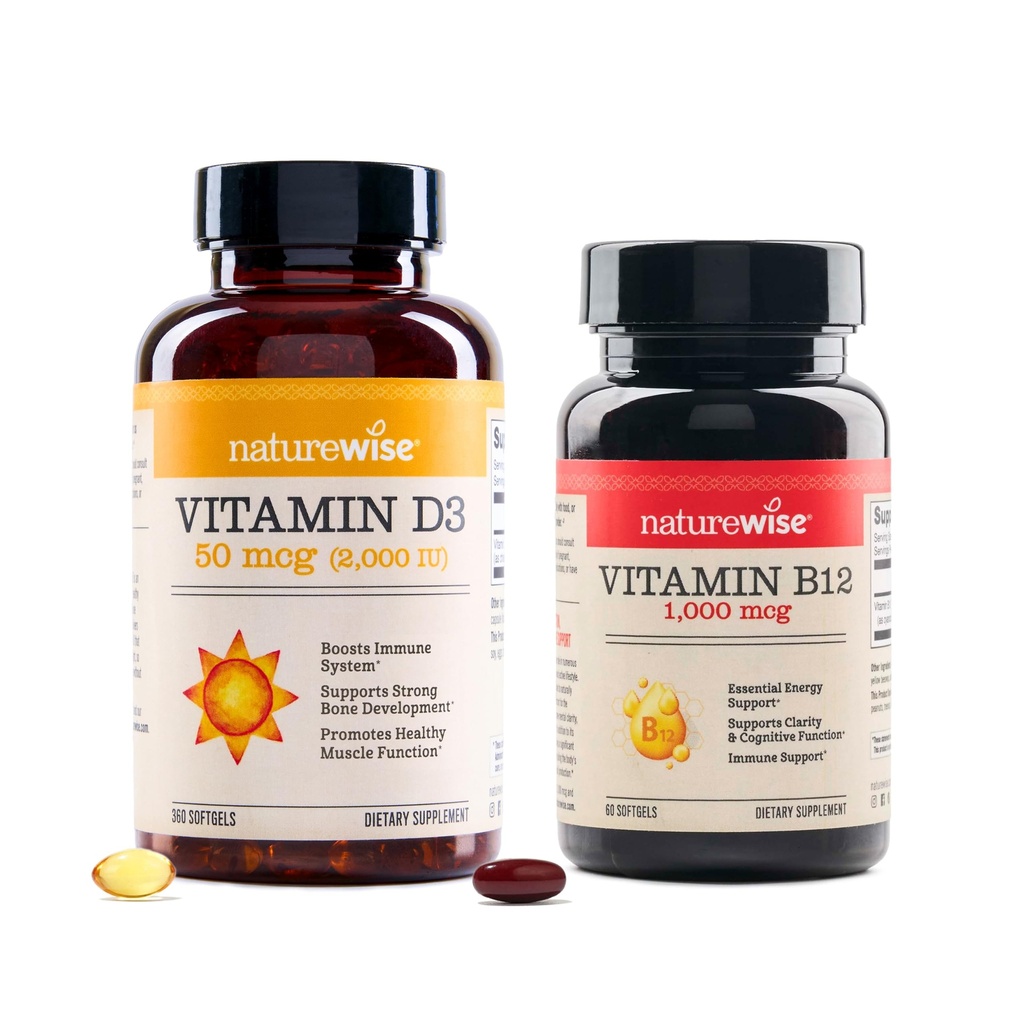 NatureWise Vitamina D3 2000iu 360 Conta e Vitamina B12 1000mcg 60 Softgels per l'energia, il supporto immunitario e la funzione muscolare sana