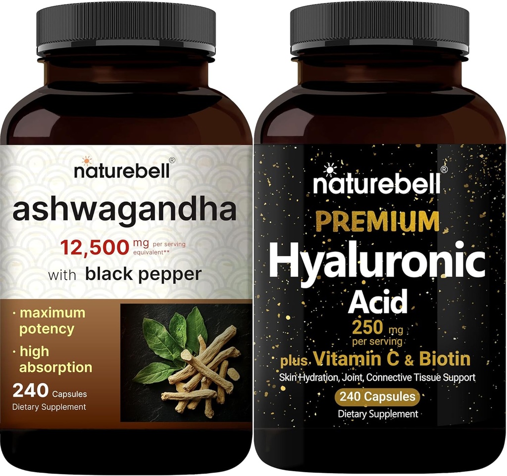 Estratto di acido ialuronico di NatureBell con Biotin + Vitamina C & Ashwagandha 12.500 mg Equivalente con Black Pepper Bundle Pack | Complete Beauty Care Complex | Adaptogens Supplements for Relaxation
