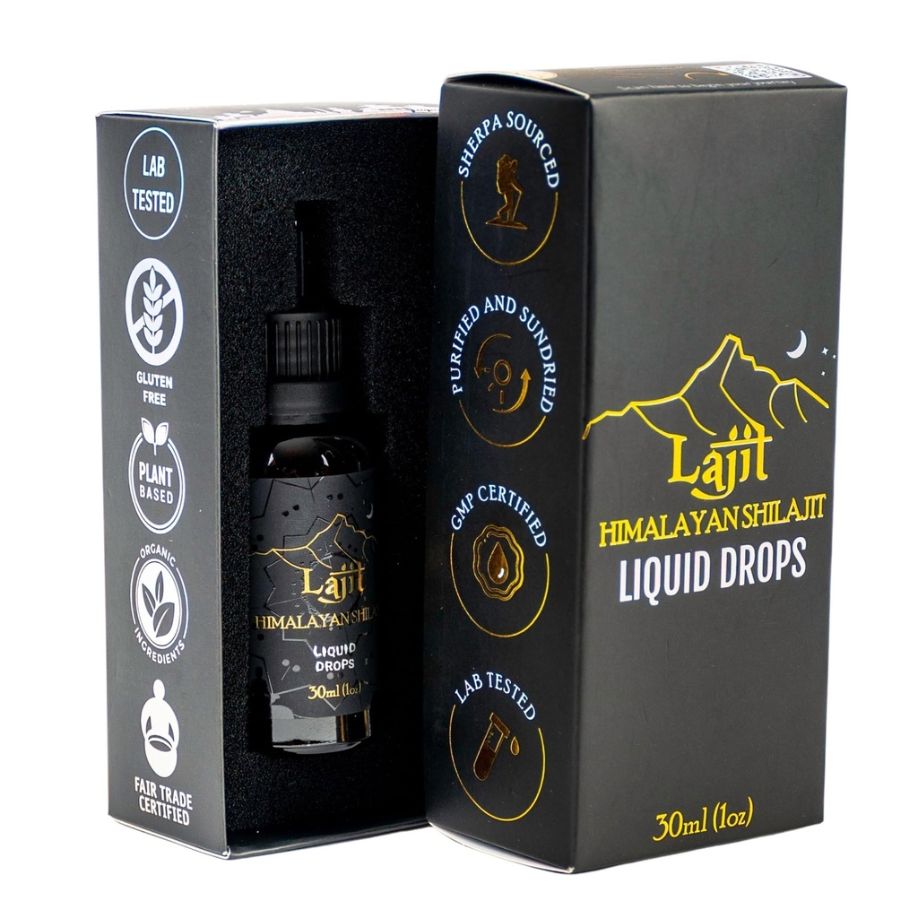 Lajit Gold Grade Himalayan Shilajit Gocce Liquide – Organico, Sun-Dried – Biodisponibili Nutrienti - Acido Fulvico, 85+ Minerali Trace – Lab Testato per Uomini & Donne – Energia Naturale, Immunità, Forza– 30ml