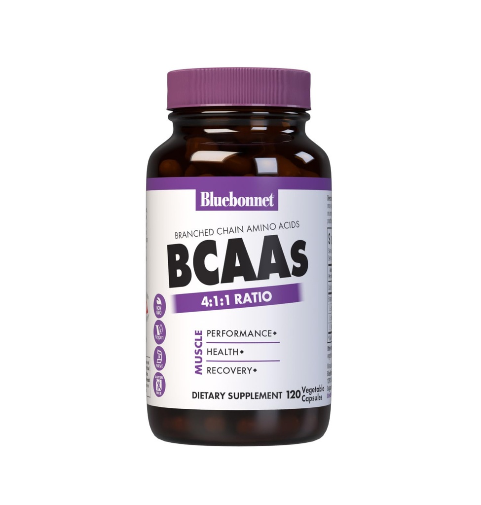 Bluebonnet Nutrition BCAAs 4:1:1:1 Ratio, Prestazioni muscolari*, Muscle Health*, Muscle Repair*, Non OGM, Vegan, Kosher Certificato, senza glutine, senza soia, senza latticini, 120 capsule vegetali, 30 Serve