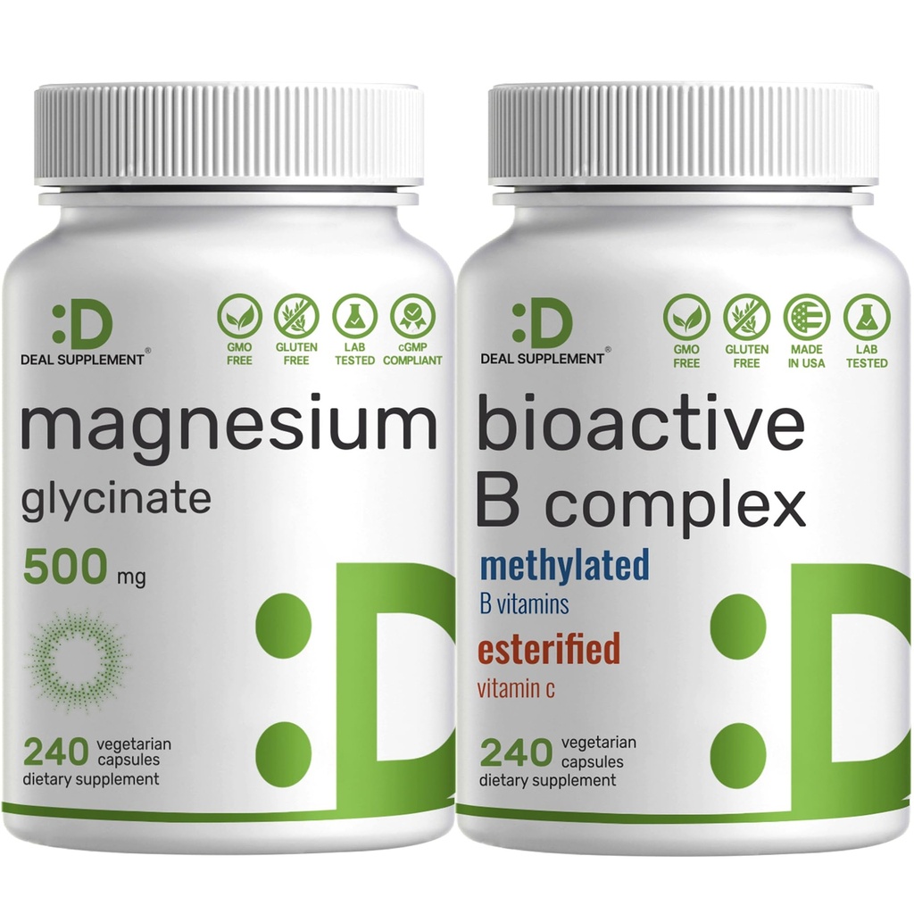 Magnesio Glycinate 500mg Veggie Capsule & Bioactive Vitamin B Complex Bundle Pack – Minerale Chelato facilmente assorbito – Immune, Energy, & Metabolism Supplement