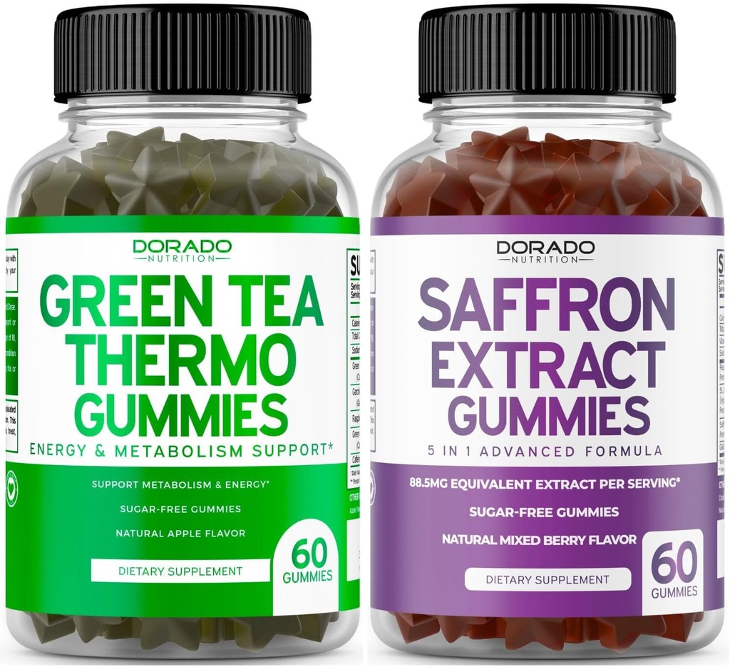Bruciatore grasso di tè verde (60 conte) perdita di peso Fat Burner Appetite Suppressant per adulti e integratori di zafferano (60 Gummies) Premium Sugar Free Gummy - 5 in 1 Formula avanzata - Vegan Safe & USA Made