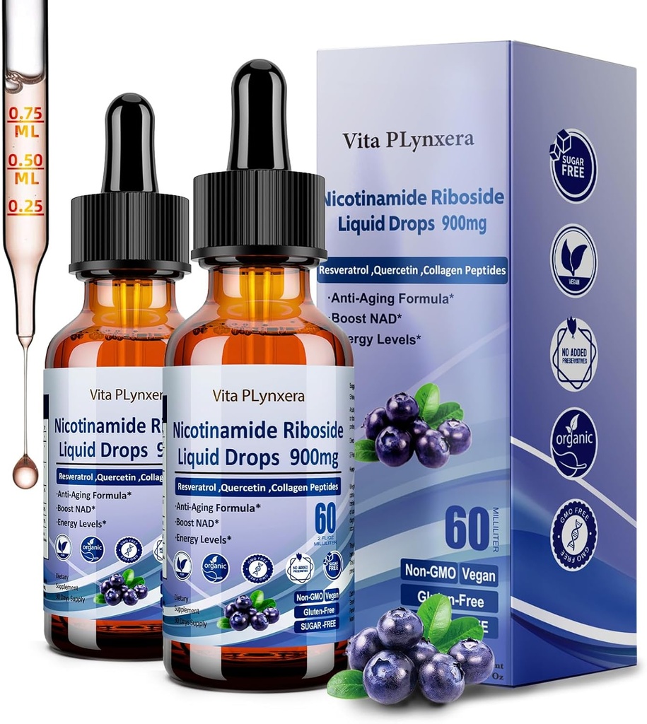 2 Pack NAD Integratori per Donne & Uomini, NAD Nicotinamide Riboside Resveratrolo 900mg & Quercetina, Niacina, Collagene, Biotina, Liquid NAD Plus Supplemento NR900 per l'energia della pelle Anti-invecchiamento