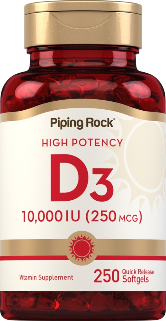 Piping Rock Vitamin D3 10000 IU | 250 mcg | 250 Softgels | Alta potenza | Non OGM & Gluten Supplemento gratuito
