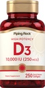 Piping Rock Vitamin D3 10000 IU | 250 mcg | 250 Softgels | Alta potenza | Non OGM & Gluten Supplemento gratuito
