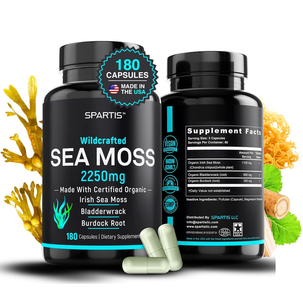Capsula di Moss Organica certificata 2250mg Wildcrafted Irish Sea Moss Burdock Root Bladderwrack Supplemento Raw Seamoss Pills & Powder (Pack of 1 at 180-Caps)