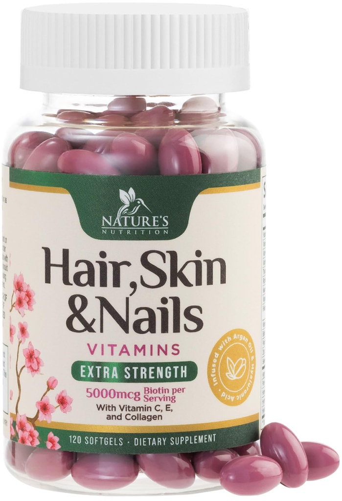 Hair, Skin & Nails Vitamins for Women - Biotin 5000mcg per sostenere la crescita dei capelli con l'olio di Argan, il collagene e l'acido ialuronico, bella, pelle più forte, Hair & Nails Vitamin Supplement - 120 Softgels