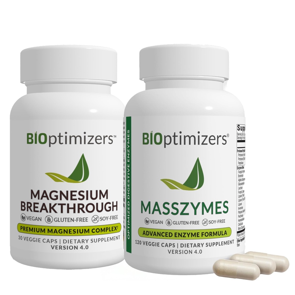 BiOptimizers Magnesium Breakthrough 4.0, (30 capsule) & MassZymes 4.0, (120 capsule) - Sonno naturale, Cervello e Integratore Digestivo per la Salute