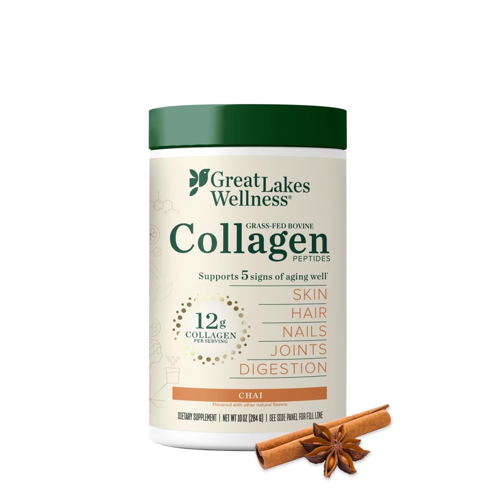 Peptidi di collagene di grandi laghi polvere per pelle, capelli, unghie, giunti e digestione - Chai aromatizzato - rapido dissolve idrolizzato, non OGM, Kosher - 10 oz