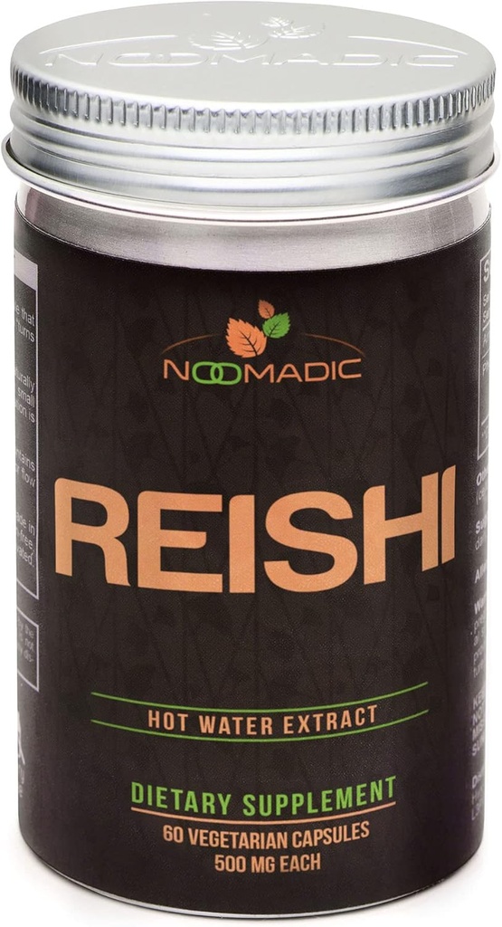 Noomadic Reishi Mushroom, 60 capsule, 500mg ciascuno, benessere generale e longevità, estratto di acqua calda, corpi di fruttificazione, 30% Beta-D-Glucani
