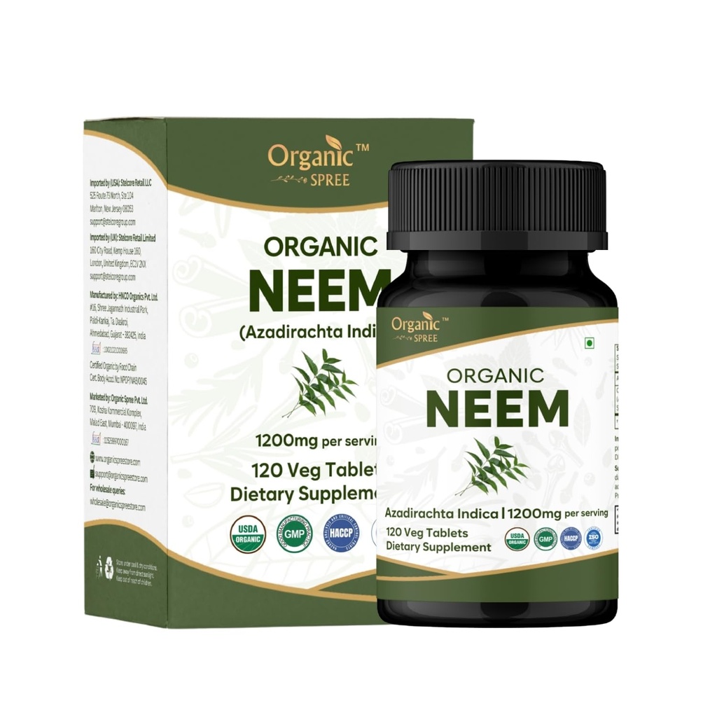 Neem 120 compresse | Azadirachta Indica (Neem) | USDA Organic Certified | Healthy Skin and Detox | Integratore alimentare - 120tab