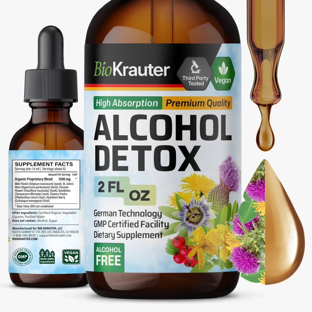 BIO KRAUTER Alcohol Detox Tincture - Liver Cleanse & Detox Formula - Latte Thistle & Dandelion - Supporto al fegato Liquid Extract - Alcol e Sugar Free - Vegan Drops 2 Fl.Oz.