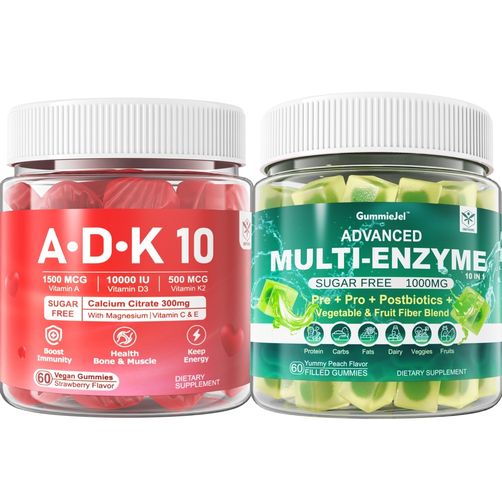 Enzimi digestivi Gummies 1000mg Chewable - Break Down Food Quickly, 90 miliardi di CFU, Probiotico, Postbiotico, Prebiotici & Fiber Blend & Vitamin ADK Gummies + Calcium Magnesium Zinc Supplement