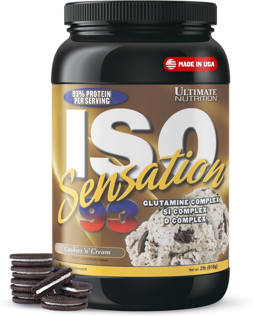 Ultimate Nutrition Whey Protein Isolate Powder with Glutamine Complex, ISO Sensation 93 - Whey Protein Powder with Aggiunto Colostrum for Enhanced Recovery, Immunity & Gut Health - Cookies N Cream, 2lbs