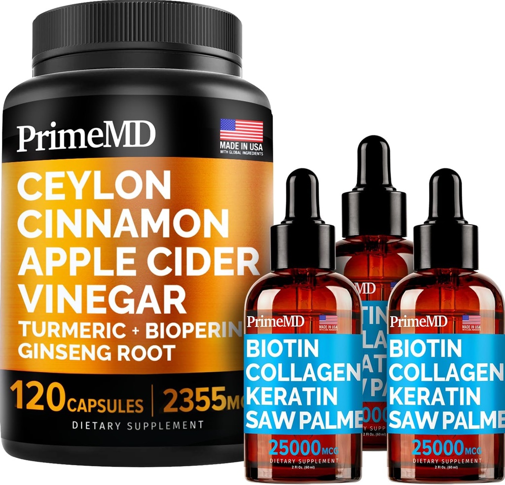 4-in-1 Liquid Biotin Collagen Keratin Saw Palmetto Gocce (2 fl oz - 3 Pack) & 5-in-1 Ceylon Cinnamon w Radice Turmeric & Ginseng (120ct) Bundle - Capelli, Pelle, Unghie, & Integratore di supporto immunitario