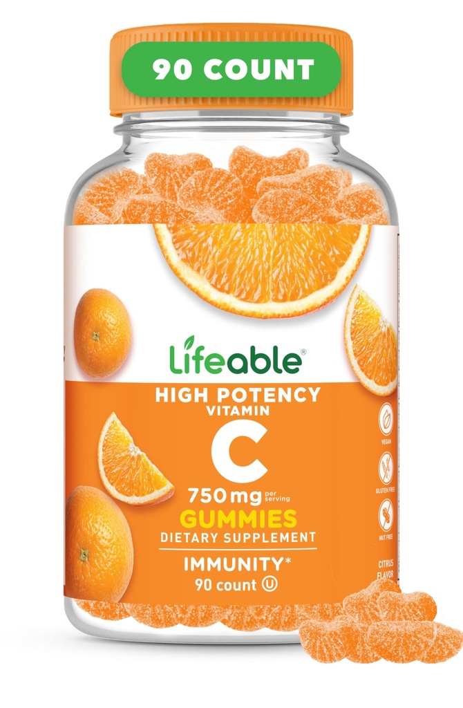 Gummie di vitamina C vitali per adulti | 750mg | Grande sapore arancione VIT C | Vegan Non OGM Vitamina C Chewable | per il supporto immunitario | 90 Gummies