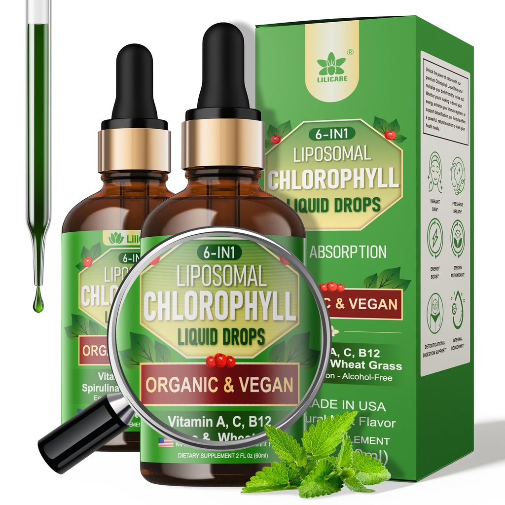 Organic clorofilla liquido gocce liposomali per le donne e gli uomini, 6-in-1 Verdi Superfood Vegan clorofill w/Spirulina, erba di grano, vitamina C B12 A per Deodorante interno*, energia, digestivo, 2Packs/4 Fl Oz