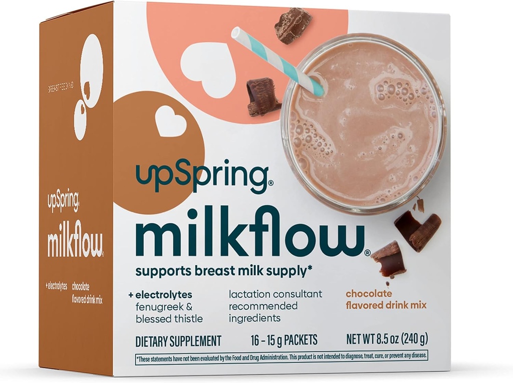 UpSpring Milkflow Electrolyte Breastfeeding Supplement Drink Mix con Fenugreek | Chocolate Flavor | Integratore di lattazione per promuovere il cibo sano del latte materno e gli elettroliti di ripristino | 16 miscele di bevanda
