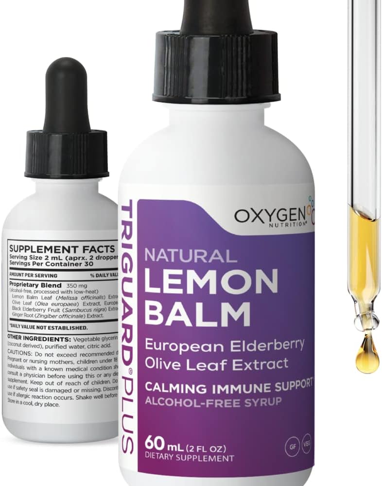 TriGuard Lemon Balm Plus - Estratto di Balm di Limone, Elderberry, Estratto di Foglia di Oliva Tincture 2 fl oz | Per Calma, Rilievo di Stress, Supporto Immune e Gonfiamento | Alcohol-Free, Non-OGM, Made in USA