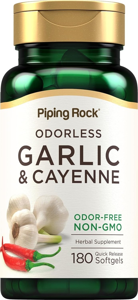 Piping Rock Odorless Aglio Softgels | 180 Softgels | Supplemento con Cayenne Extract | Allium Sativum | Non-GMO, Gluten Free