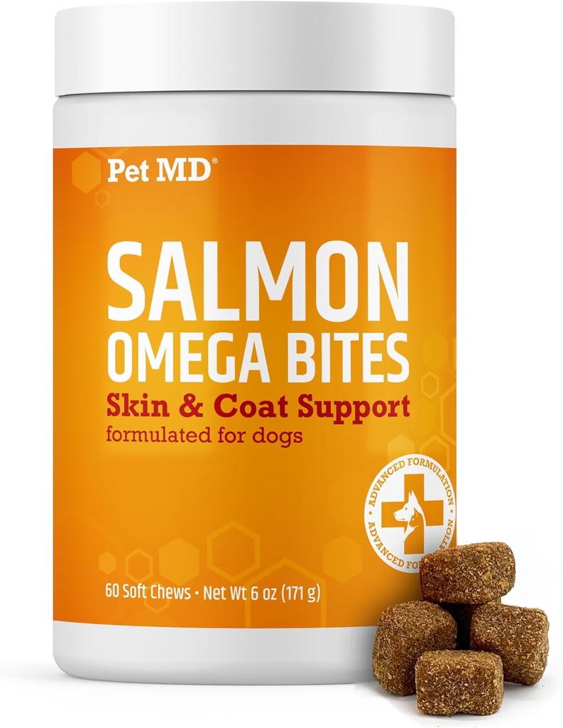 Pet MD Salmon Omega Bites per cani - Integratore di pelle e cappotto con Omega 3 & 6 per cani Plus DHA & EPA - Promuove l'allergia e il sollievo della pelle secca - 60ct