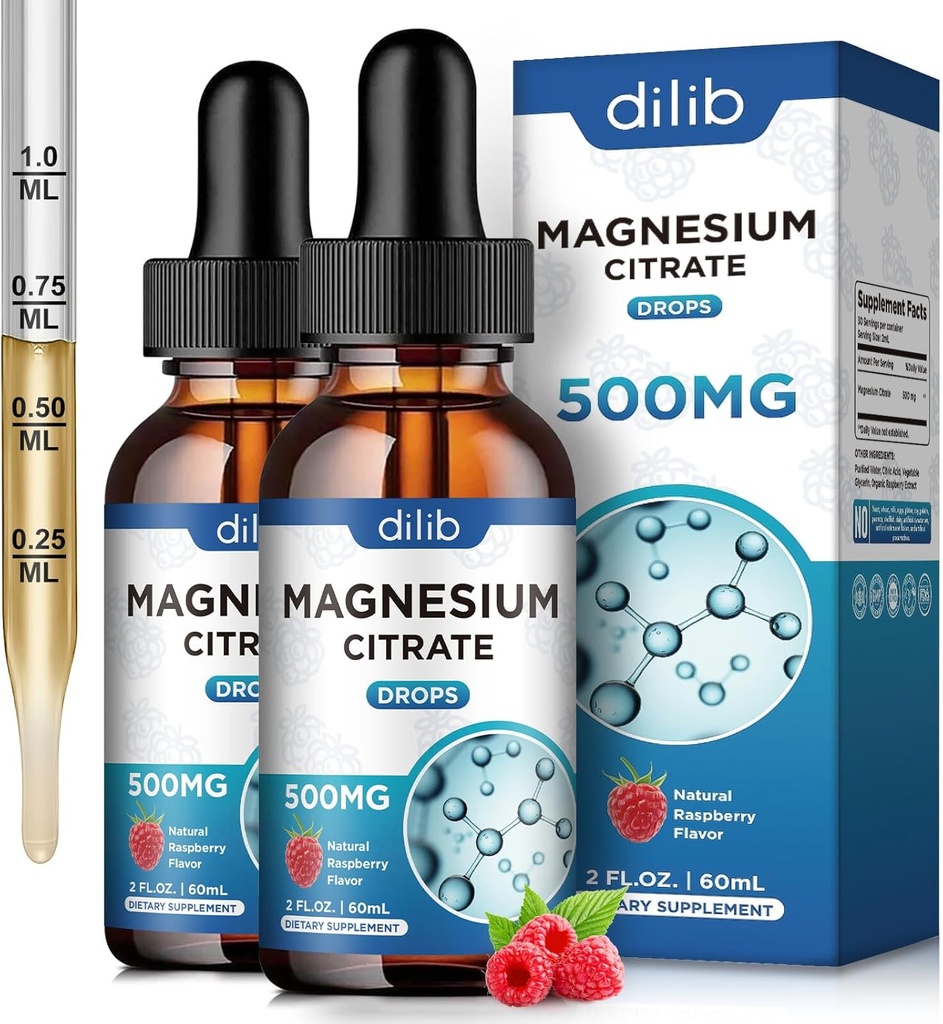 (2 Pack) Magnesio Citrato Liquid Magnesio Gocce Supplemento 500mg-Supporto Stress Relief, Bone, Muscolo, Mood, Sleep-4 Fl Oz, Vegan, Raspberry Flavor