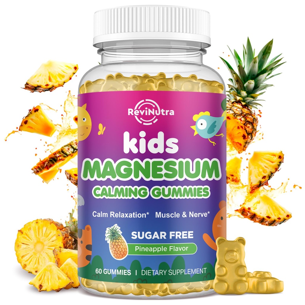Gummie di Magnesio per bambini, Magnesio Glycinate Gummies per bambini e adulti con L-teanina, Camomilla, Liquirizia, Vitamina D, B6 per il sonno, Rilassamento, Cervello e Muscolo, Ananas Gratis Zucchero 60ct