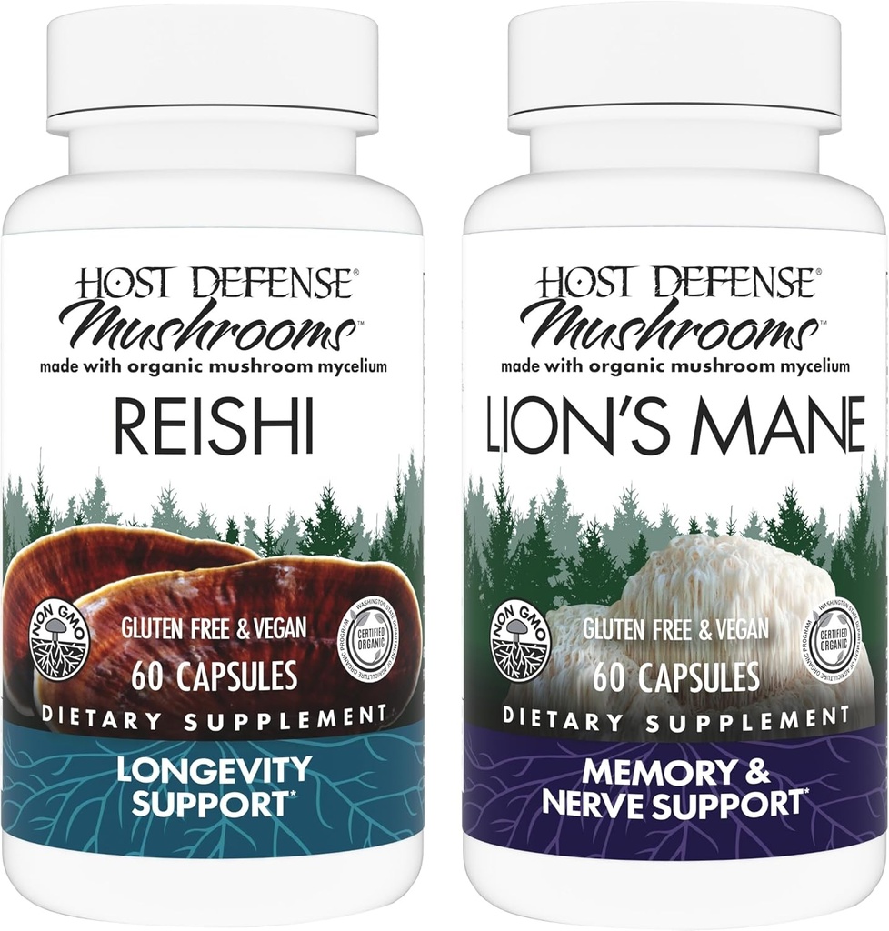 Host Defense Bundle con capsule Reishi, 60 Count & Lion's Mane Capsules, 60 Count - Support Heart & Immune Health - Support Brain Health, Memory & Focus*
