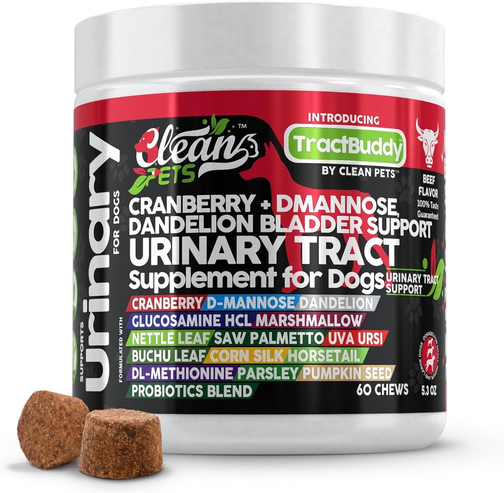 Cranberry for Dogs Urinary Tract Support | D-Mannose UTI Bladder Stones Dandelion Glucosamine HCL Marshmallow Nettle Leaf Saw Palmetto Uva Buchu Horsetail Methionine Parsley Supplemento