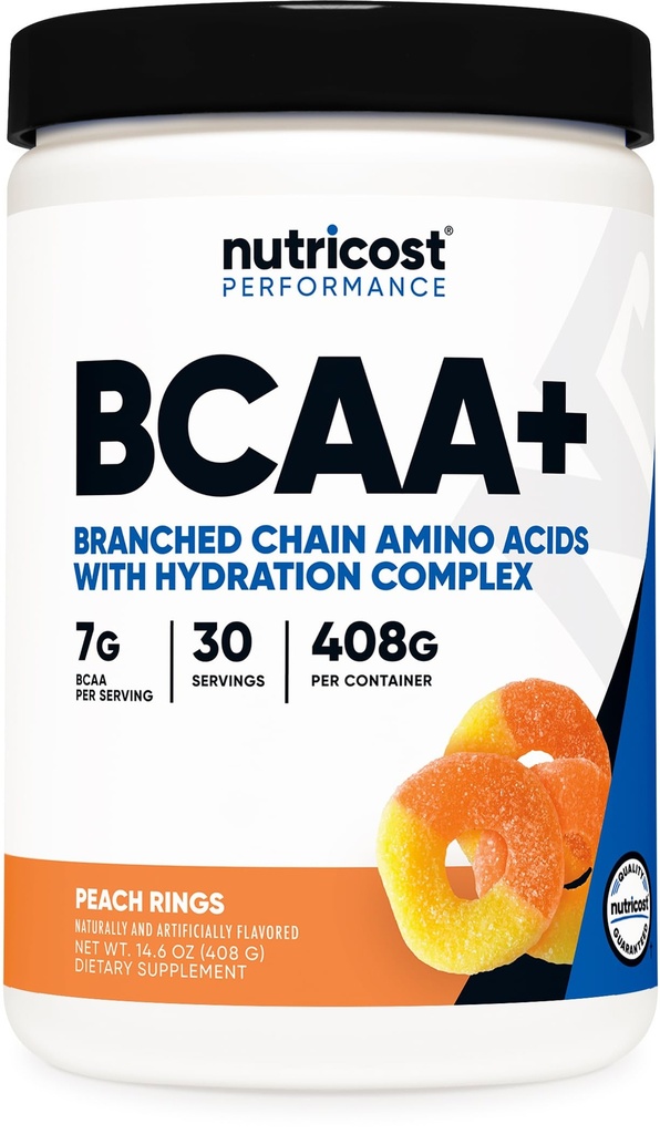 Nutricost BCAA + polvere di idratazione (Anelli di pesca) 30 Serve - Aminoacidi a catena ramificata con Complesso di idratazione - senza glutine, non OGM