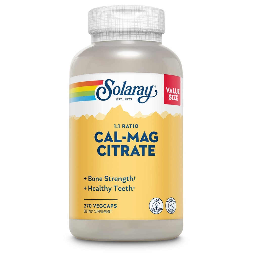 Solaray Calcium Citrato di magnesio 1000mg 1:1 Ratio, Bone supplemento di resistenza, muscolo, Nerve e Bone di sostegno della salute, Chelated for High Absorption, 60-giorno di garanzia, 45 Servings, 270 VegCaps