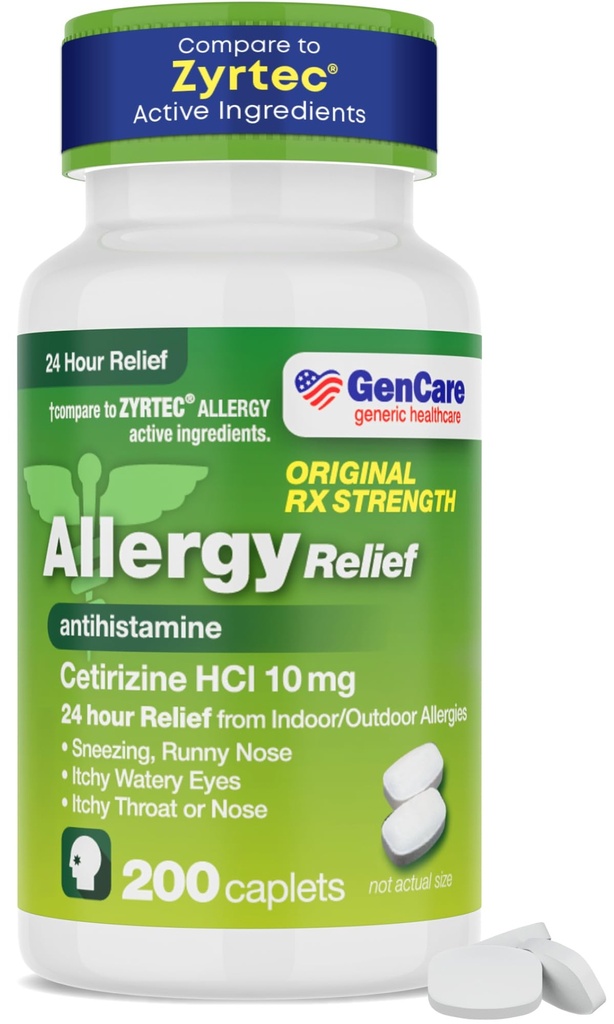 GenCare - Cetirizine HCL 10 mg (200 Caplets) - 24 ore Pillole di Allergy Relief - Non Drowsy Generico OTC Allergy Medication - Antihistamine Medicine for Sneezing, Runny Nose & Itchy Eyes - Generic Zyrtec