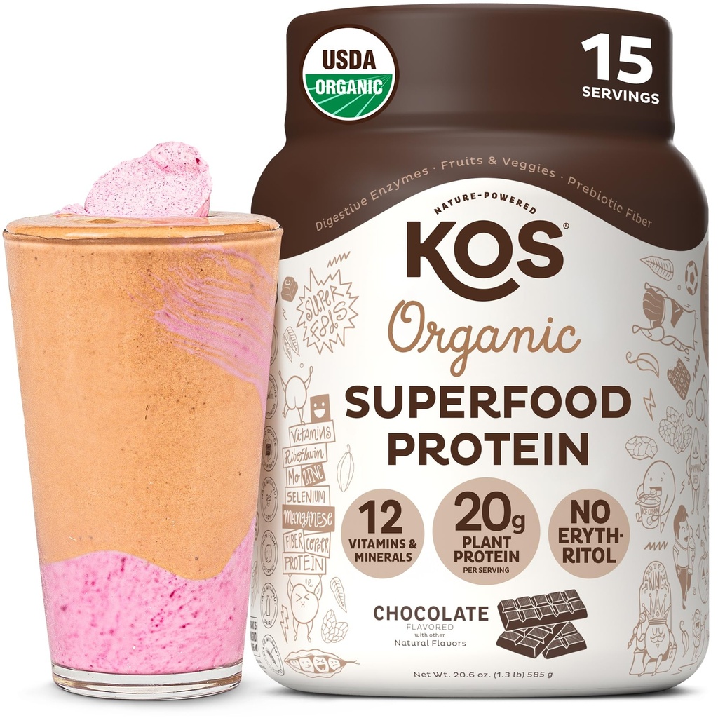KOS Plant Based Protein Powder, Chocolate USDA Organic - Low Carb Pea Protein Blend, Vegan Superfood with Vitamins & Minerals - Keto, Soy, Dairy Free - Meal Sostituzione per le donne e gli uomini - 15 Serve