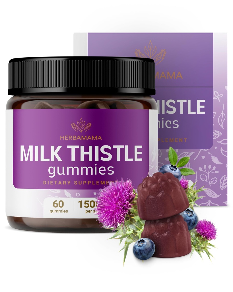HERBAMAMA Latte Thistle Supplement - 1500mg Milk Thistle Seed Gummies for Liver Cleanse - Vegan, Non OGM Liver Support with Silybum Marianum - 60 Pectin-Based Blueberry-Flavored Chews