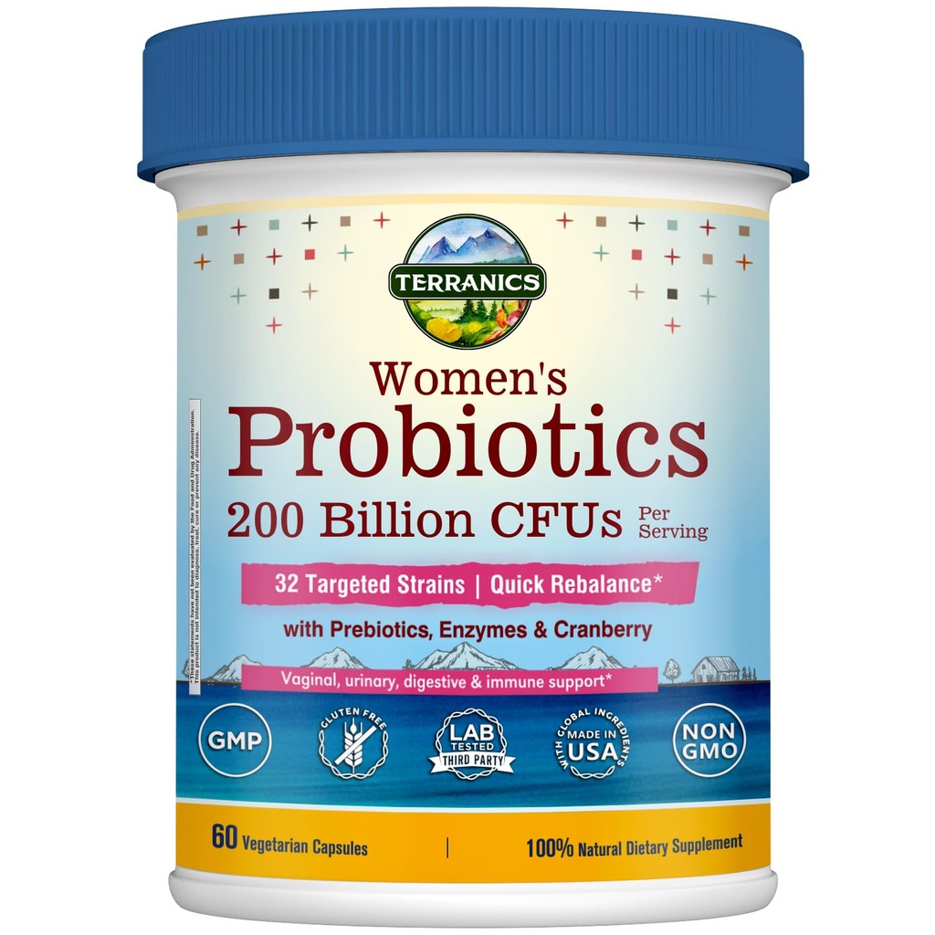 Terranics Daily Probiotics for Women, 200 miliardi 32 Strains Womens Probiotics, con Mirtillo, Prebiotici & Enzimi, Riequilibrio Vaginale Flora & pH, Rilascio ritardato, Shelf Stable, 60 Vegan Caps