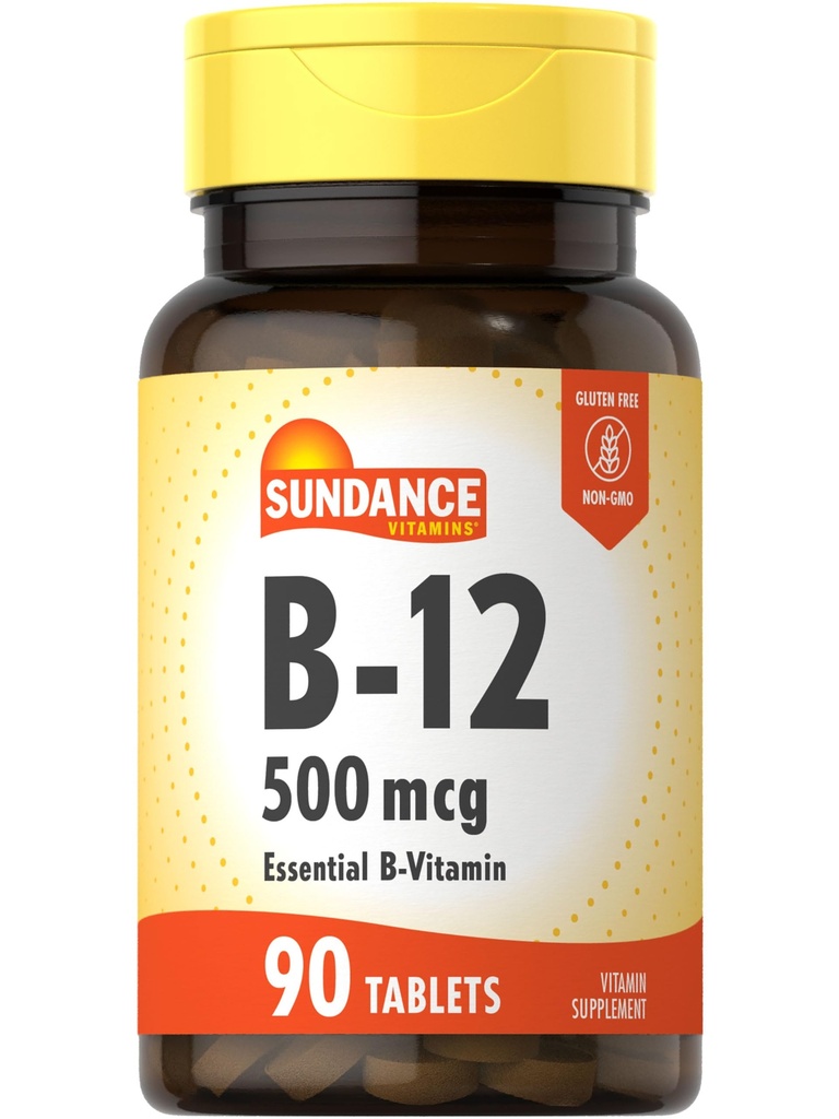 Vitamina di Sundance B-12 | 500mcg | 90 compresse vegetariane | Integratore di vitamina essenziale | Formula non OGM e senza glutine