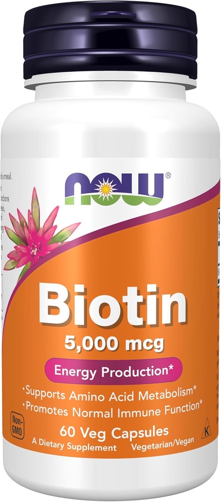NOW Integratori alimentari, Biotina 5000 mcg, Metabolismo aminoacido*, Produzione energetica*, 60 capsule di veg