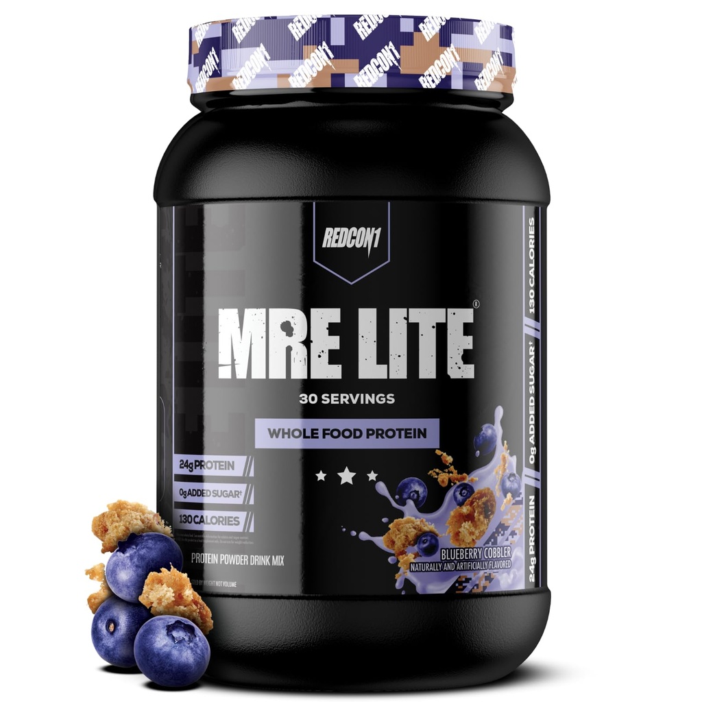 REDCON1 MRE Lite Polvere di proteine alimentari, Mirtillo Cobbler - Basso Carb & Whey Sostituzione di pasti gratuiti con miscele di proteine animali - Facile da digerire Supplemento realizzato con oli MCT (30 Serve)