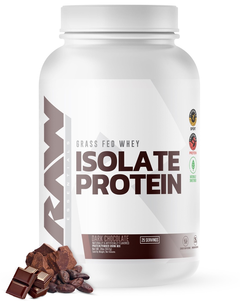Polvere di proteine dell'isolato del siero RAW, Cioccolato scuro - Polvere di proteine del siero di nutrimento di erba 100% per la crescita e il recupero del muscolo - Carbo basso, aromatizzato e dolce naturalmente - 25 porzioni
