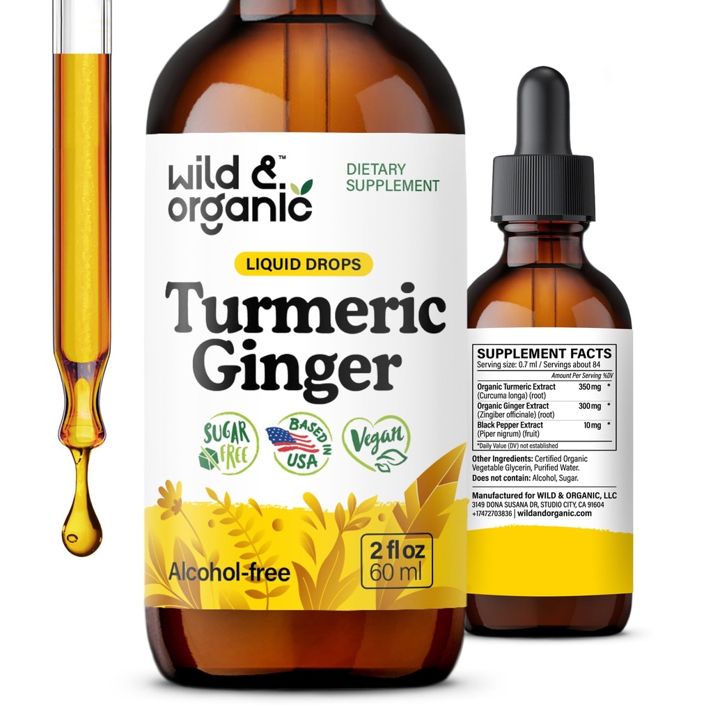 Gocce di supplemento di curcuma e di zenzero selvatico e organico - Supporto misto e immunitario - Turcuma liquida con lo zenzero e l'estratto di pepe nero - Supplemento curcumina - Vegan, Tintura senza zucchero e alcol - 2 oz