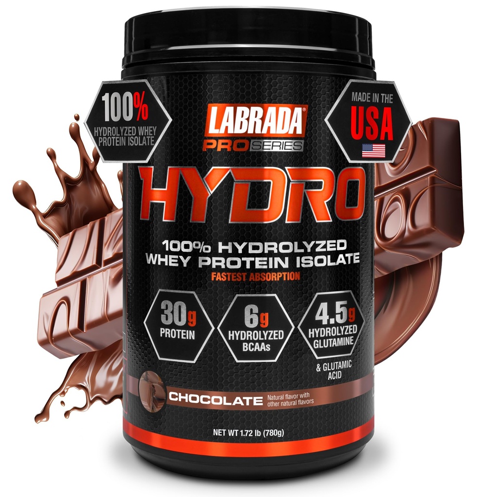 LABRADA Hydro 100% polvere isolata di proteine del siero idrolizzato puro, senza lattosio, digestione più veloce, miscelazione istantanea, gusto delicato 20 porzioni(Chocolate)