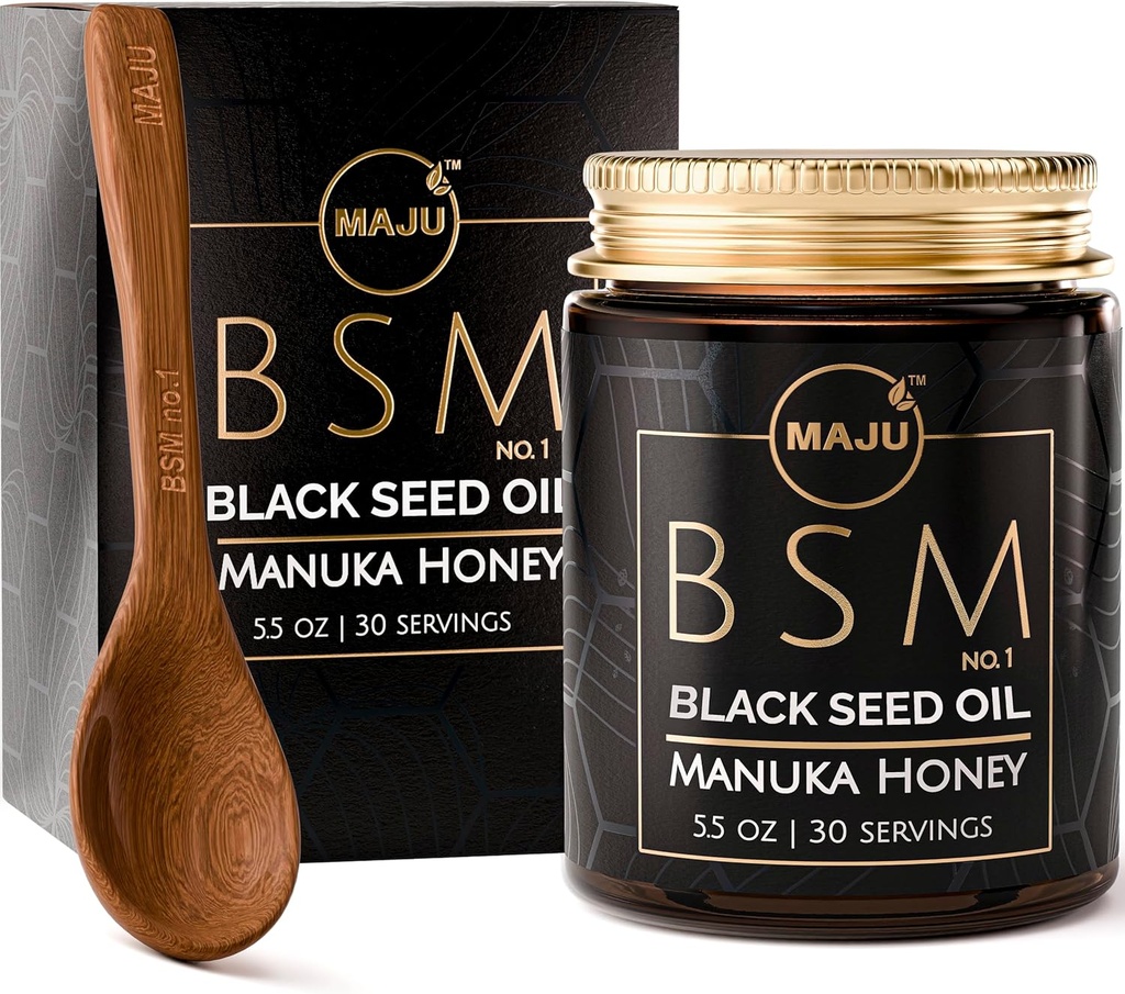 Olio di semi neri 3 in 1 di MAJU, Manuka Honey & Seeds (Stile tradizionale) BSM n. 1, Miscela di erbe dolci e croccanti, Nigella Sativa Oil and Seeds, Unpasteurized & Raw Monofloral Manuka Honey New Zealand