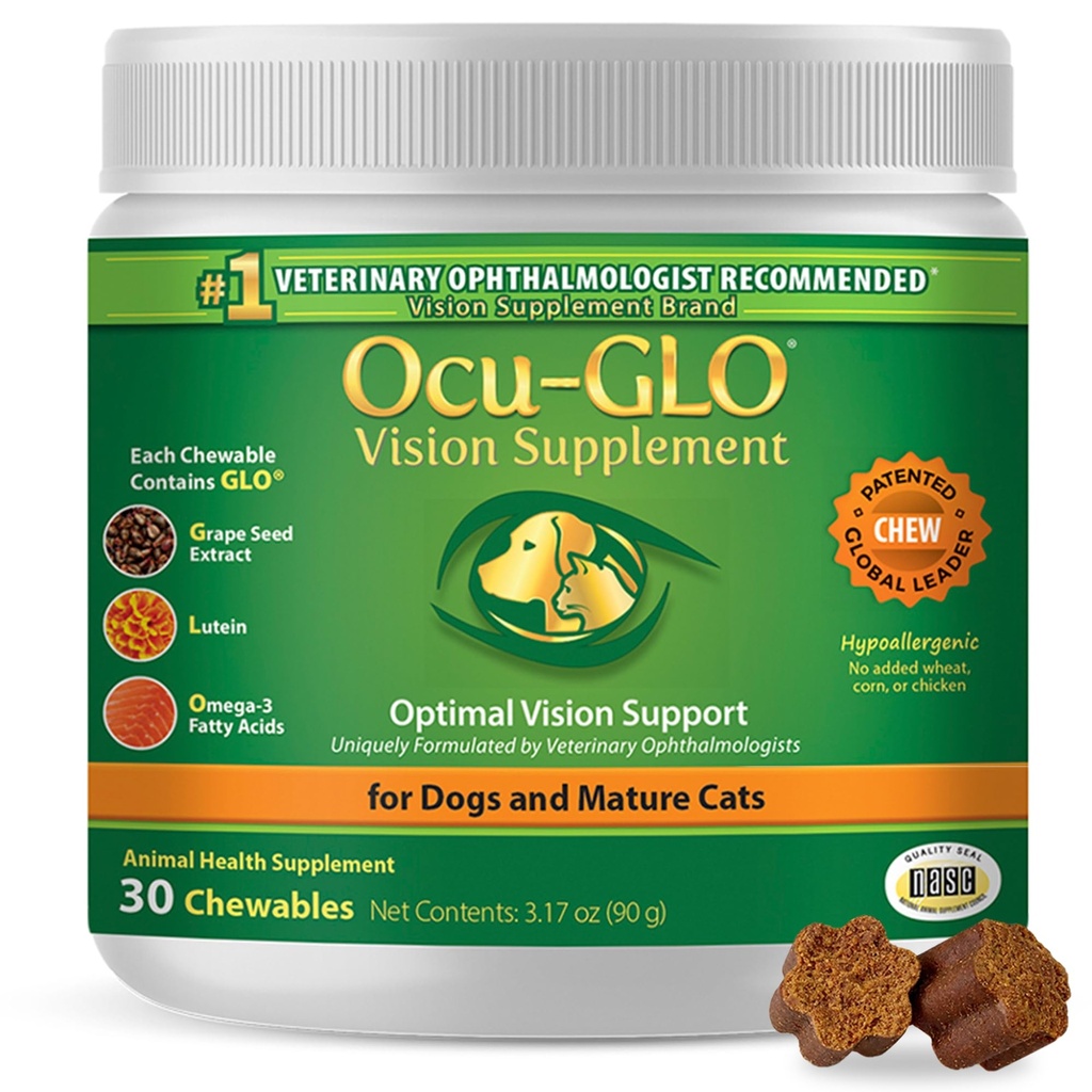 Ocu-GLO Cat & Dog Senior Supplemento per il supporto agli occhi - Integratori di vitamine per la visione masticabile per la cura di animali grandi e piccoli con Lutein, acidi grassi Omega-3, estratto di semi di uva e antiossidanti